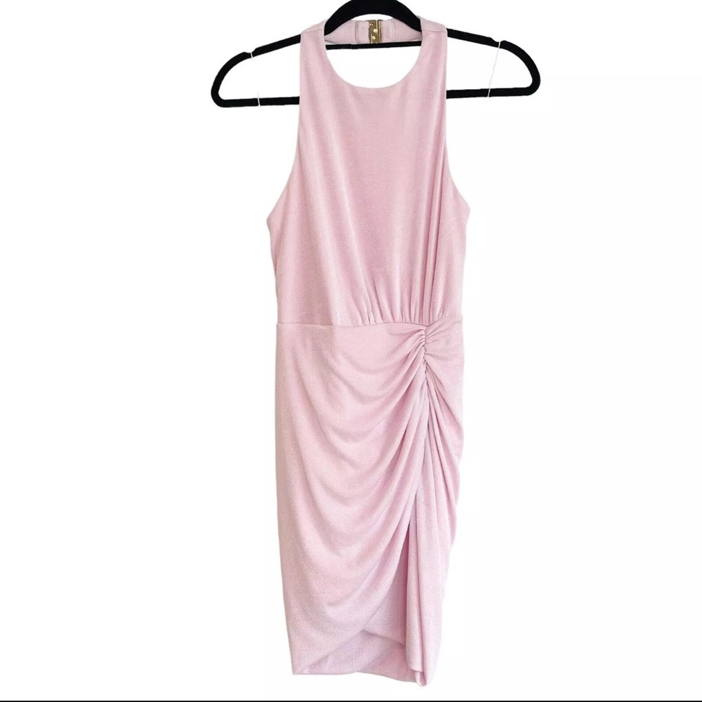 Pink Asymmetrical Ruched Mini Dress - Picture 2 of 6